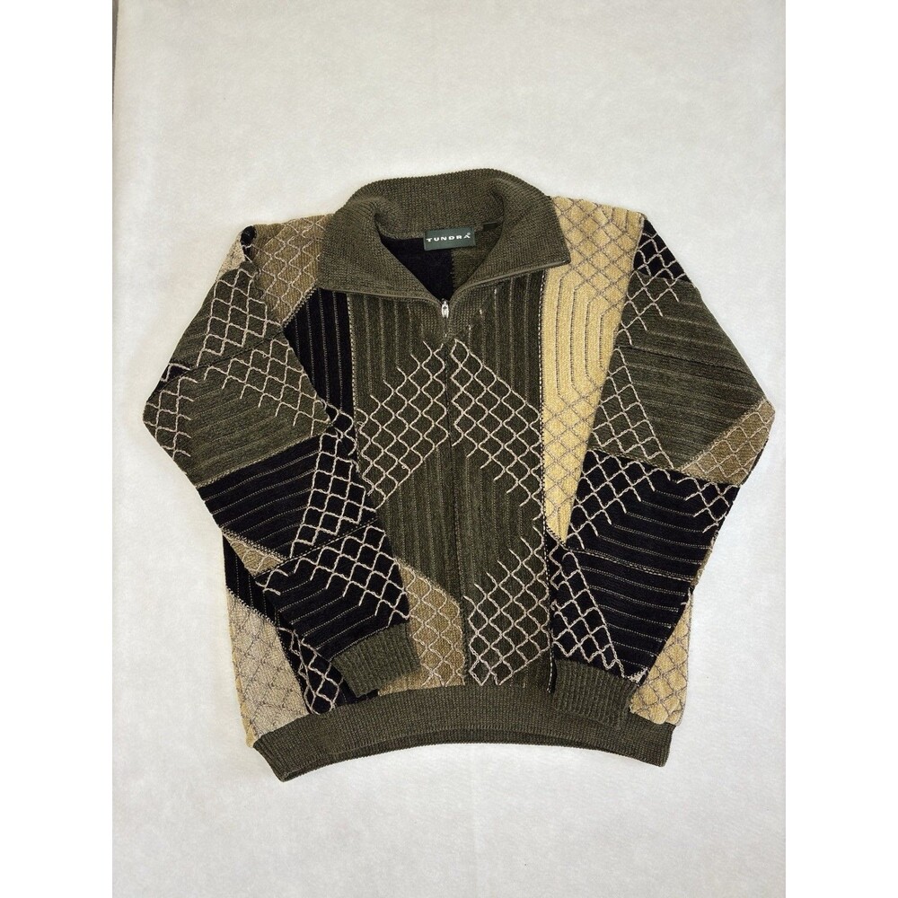 Vintage Tundra Canada 3D Knit Quarter-Zip Sweater Large Green Coogi Style